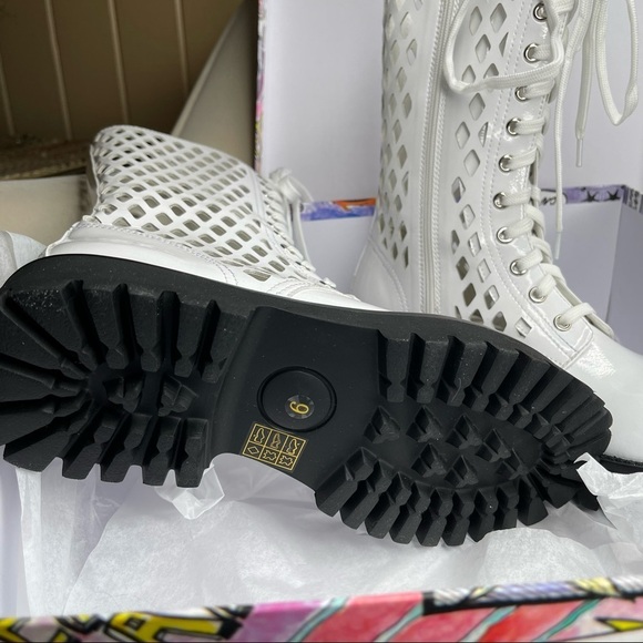 New! Jeffrey Campbell White Leather Lace Up Chunky Moto Combat Boots Boot Sz 9 - Picture 4 of 6